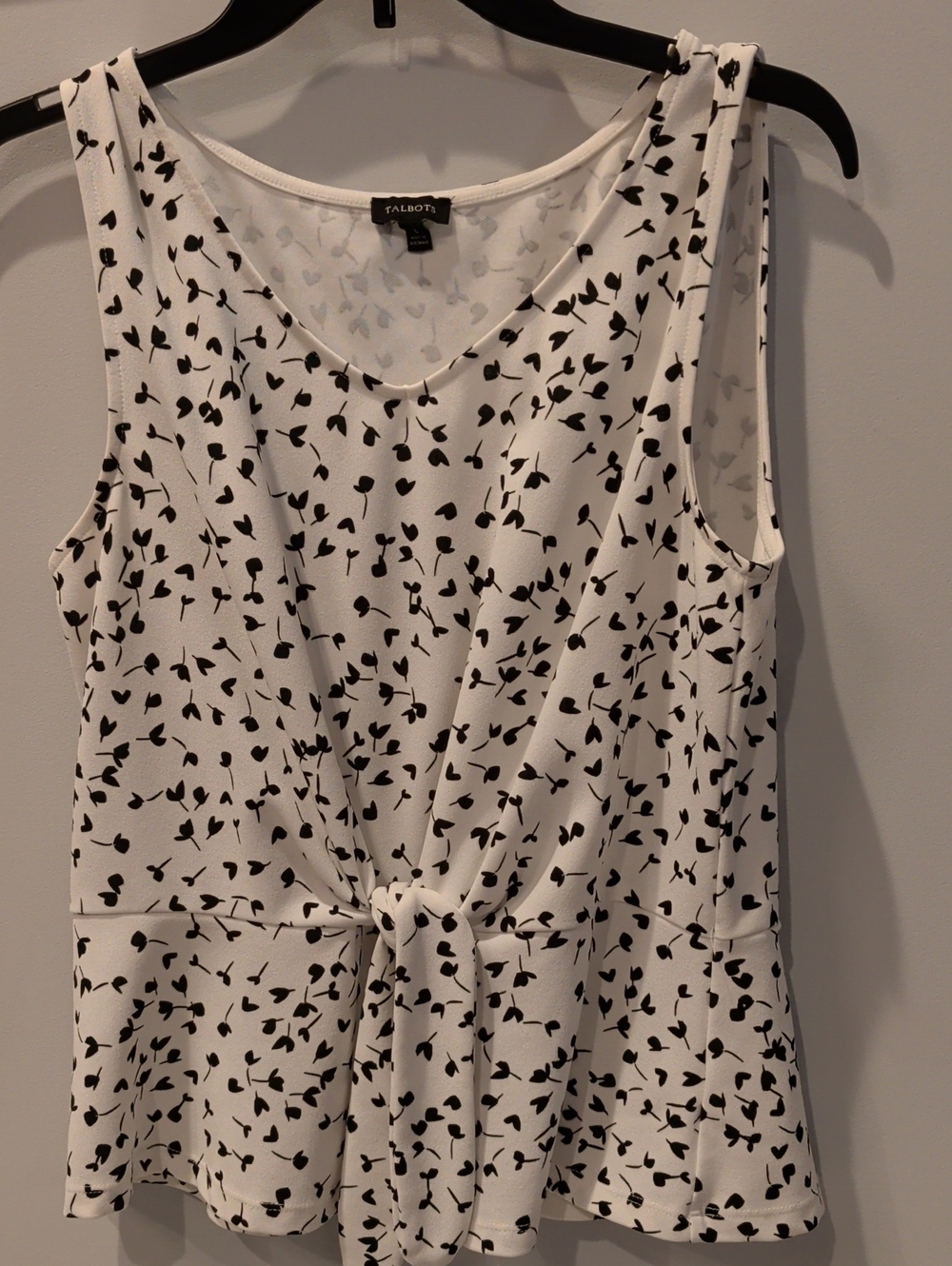 Talbots White Tank Top with Black Leaf Print and Front Tie